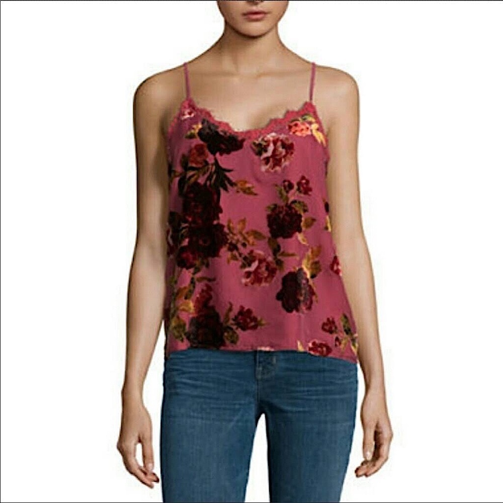 Pink Cami with lace trim and velvet floral detail